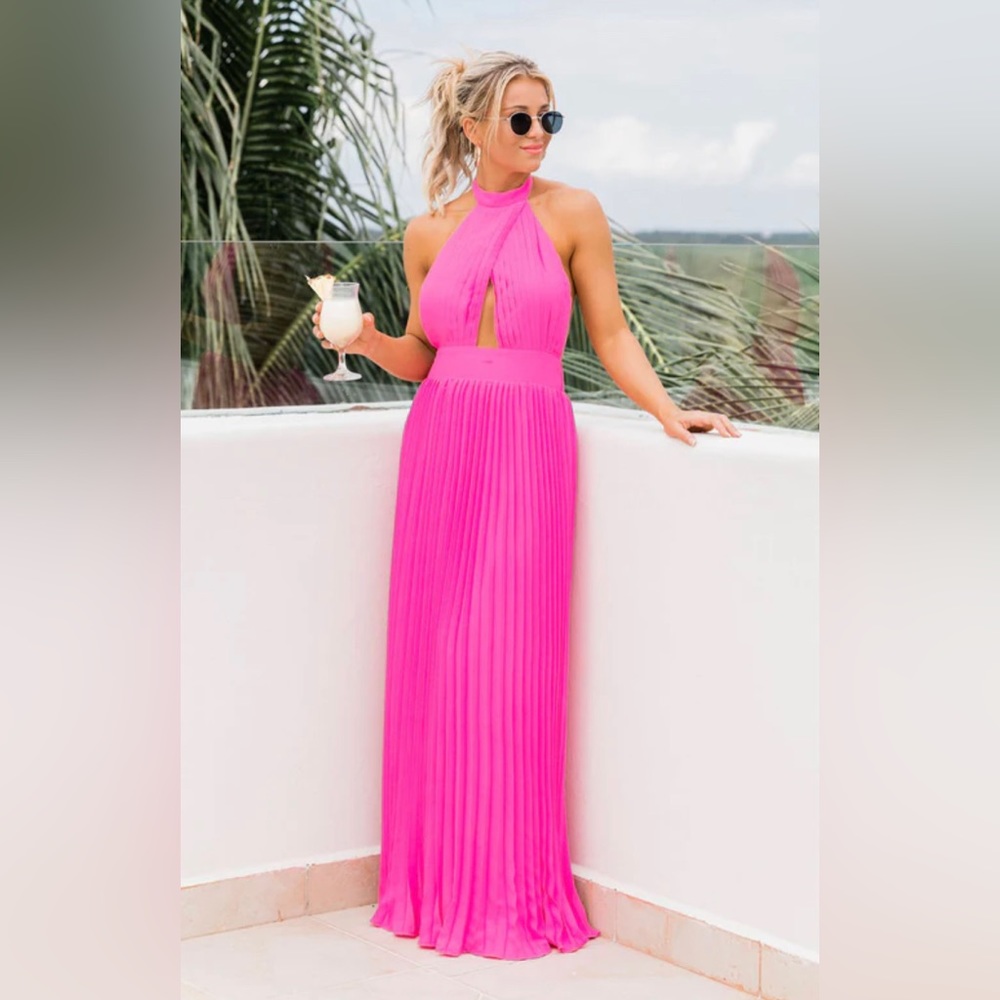 COPY - Pink Lily SUNNY GLEAM PINK ACCORDION HALTER MAXI